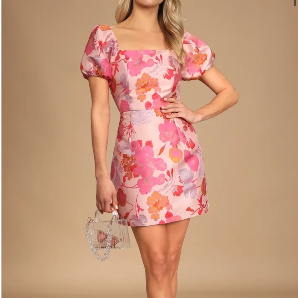 Pink floral puff sleeve mini dress